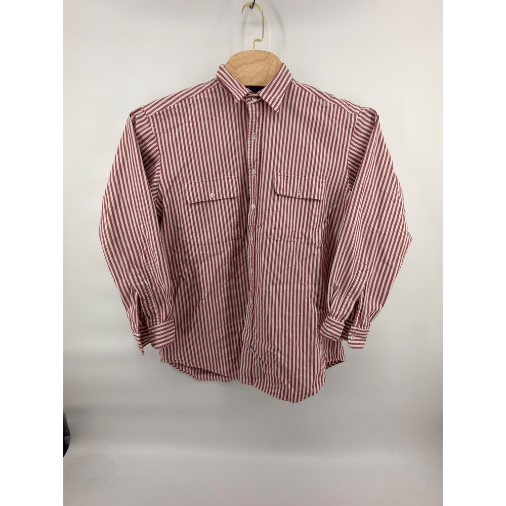 Vintage Polo Ralph Lauren Red White Striped Work Shirt Double Pocket Mens L